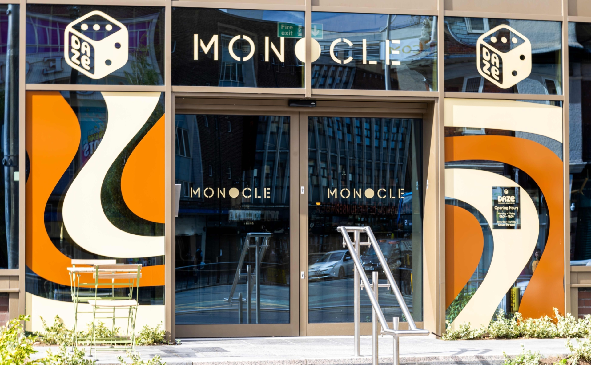 The Monocle and Daze coffee house exterior graphics