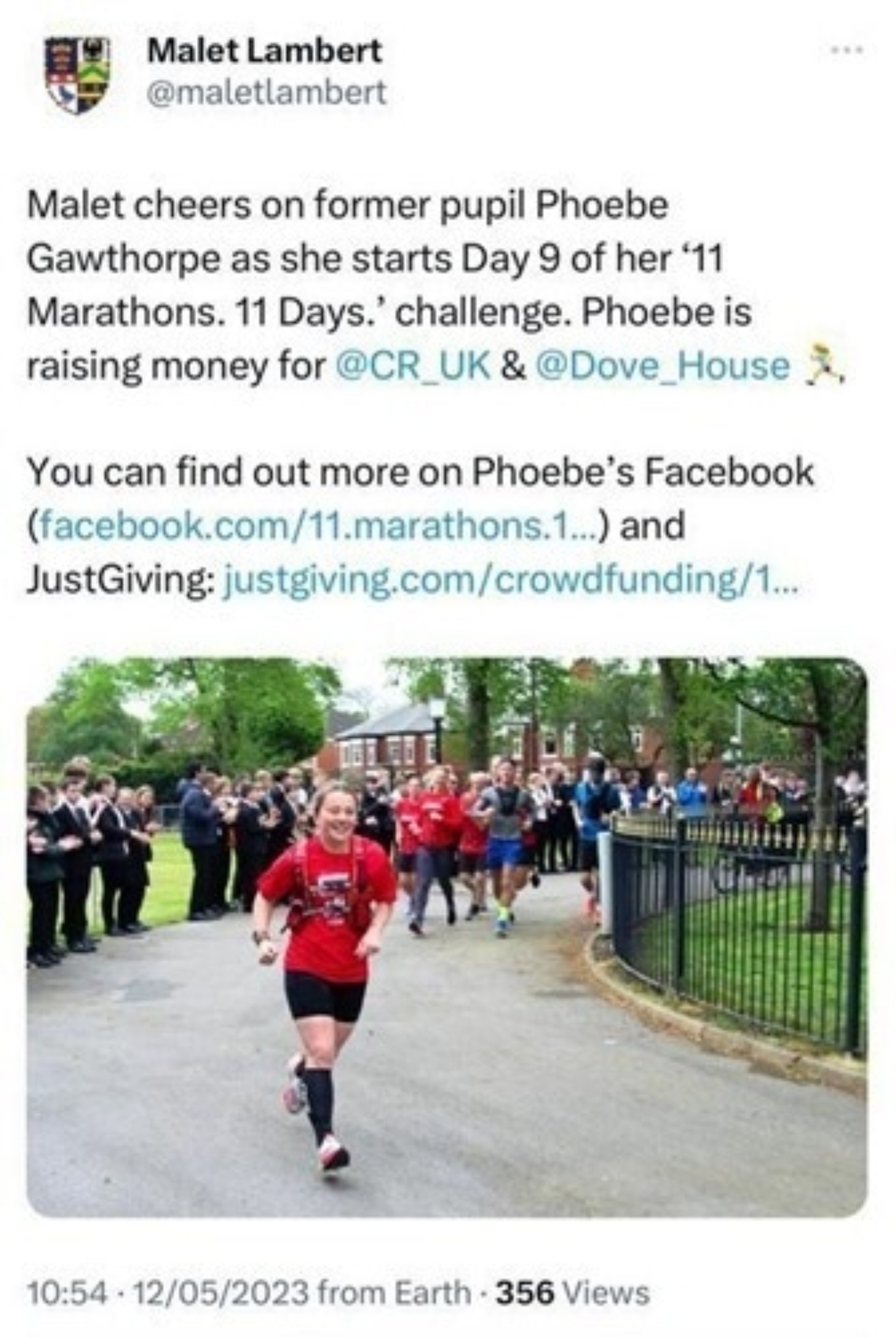 Malet lambert school student running for dove house hospice